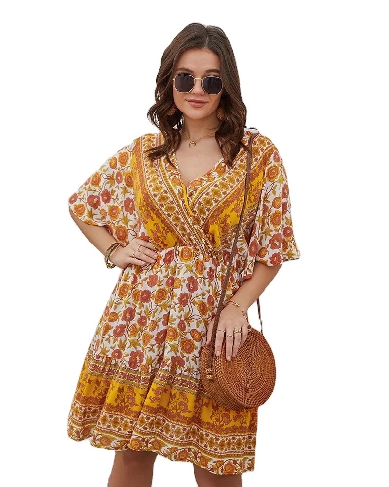 

New Arrive Spring Fall Women Clothing Plus Size Dresses Floral Layered Floral Bohemian Plus Size Big Dress