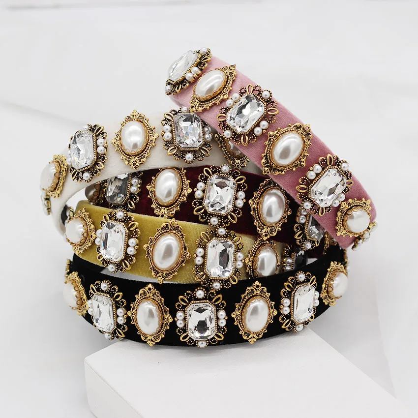 

New European Baroque Luxury Big Pearl Gemstone Crystal Geometric Girl Headband Gold Alloy Hairband Women Hair Accessories, 5 colors