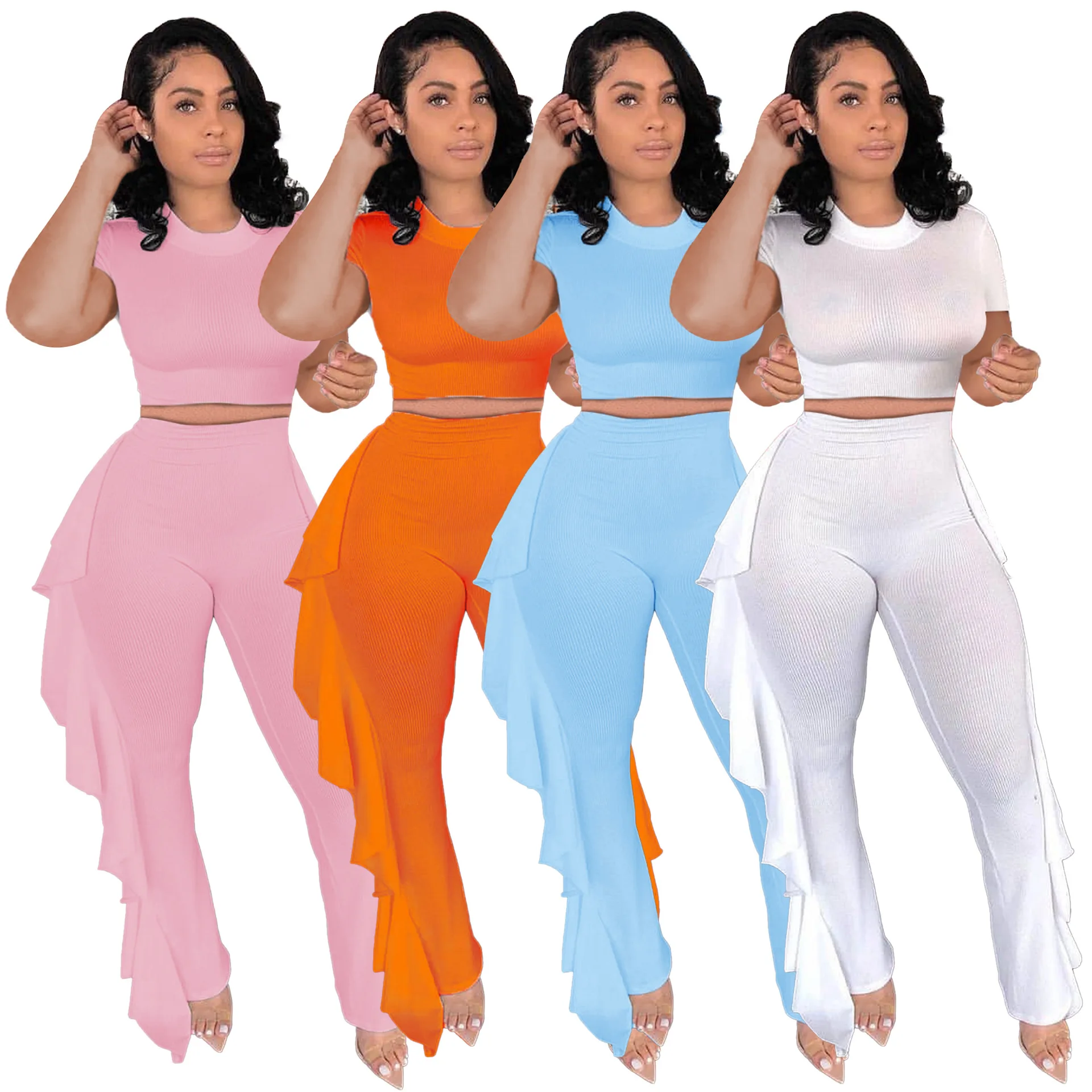 

2021 Summer Set Clothing Plus Size Two Piece Tassel Pants Set Rib Seamless Lounge 2 Piece Pants Set For Women