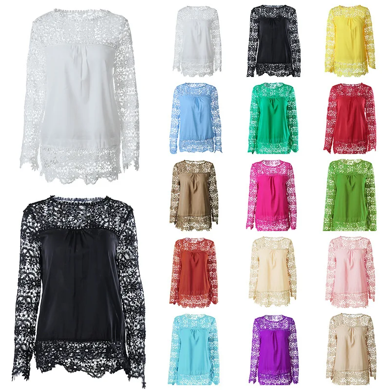 

New Popular Fashion Women Sheer Sleeve Embroidery Top Chiffon Lace Blouses, Solid color