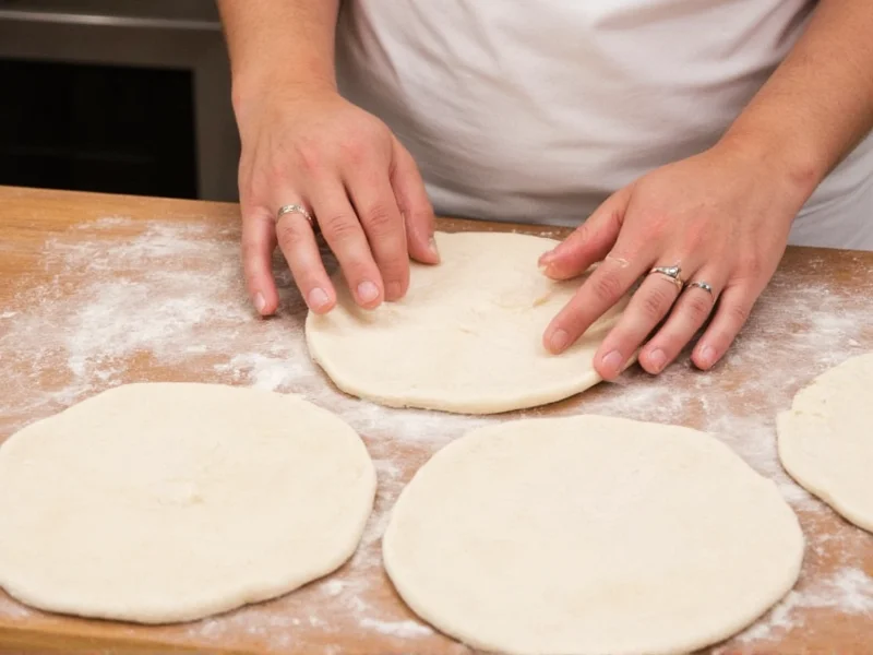 Hands rolling pita dough circles on floured surface