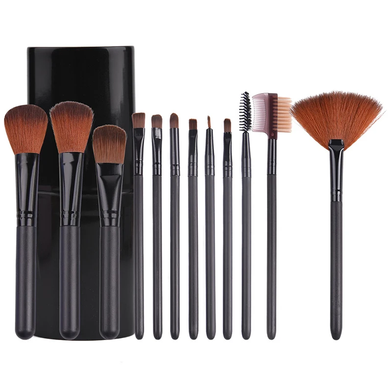 

Wholesale 12 Pieces Makeup Brush Cylinder Case Packaging Soft Hair Animal Hair Private Label Makeup Brushes Set, As picture