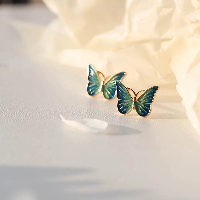 

925 Silver Jewelry Mini Girl Blue Enamel Ear Butterfly Stud Earrings