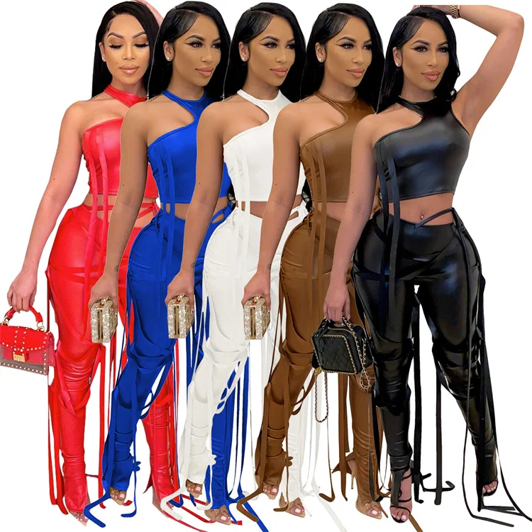 

2021 New design Solid color sleeveless PU Leather Tassel Pants Halter bandage Crop Tops Two Piece Sets
