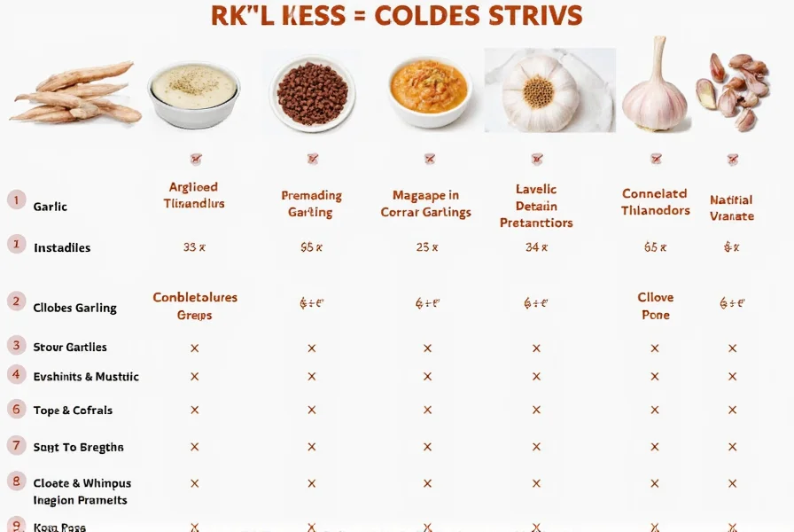 Garlic cloves next to measuring spoons showing 2 cloves equals 1 teaspoon minced