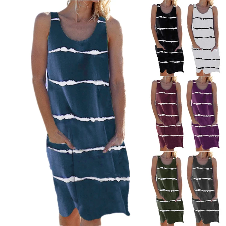 

DUODUOCOLOR New arrivals 2021 summer sleeveless dress fashion o-neck print stripe vest pocket blue dress D97732