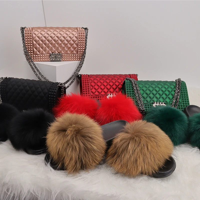 

Fashion luxury rainbow chain lady colorful bags candy jelly hand bags handbags fur slippers and purse slides and purse set