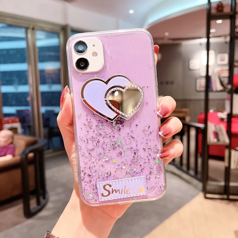 

Mirror Heart Bling Diamond Glitter Phone Case Makeup Girly Cell Phone Case For iPhone 12 Pro Max 13 Pro XS XR