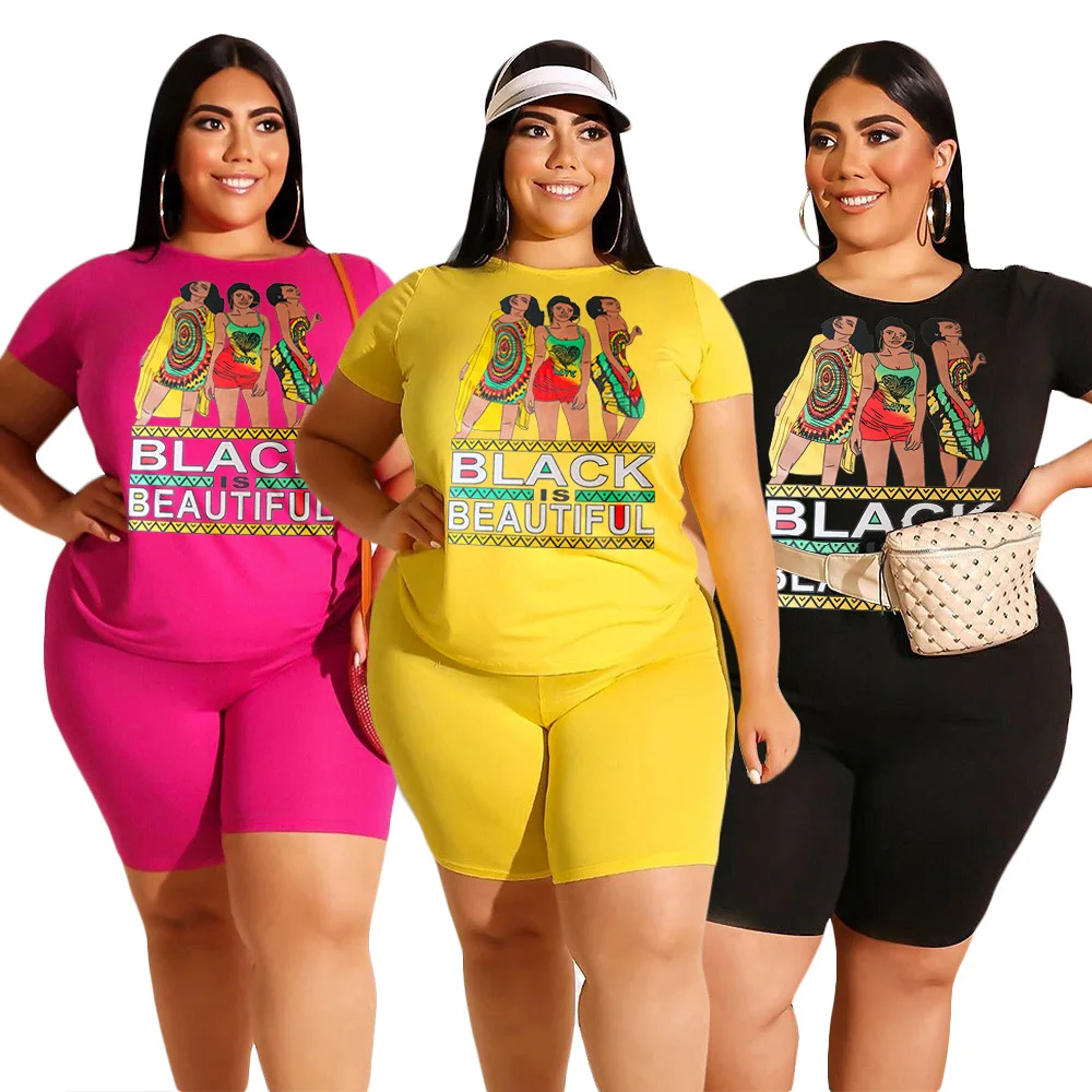 

European American plus size women casual letter print short sleeve T-shirt shorts set XL-4XL