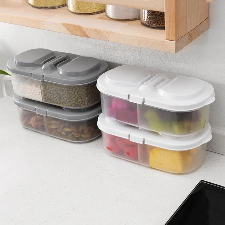 

BB058 Kitchen Refrigerator Plastic Storage Box Double-compartment Sealed Kitchen Miscellaneous Grain Jar with Lid, More colors