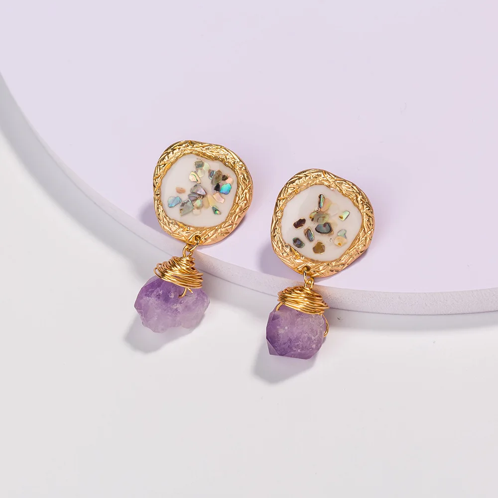 

New Trendy Irregular Raw Stone Earring Amethyst Crystals Healing Studded Earrings Shell Quartz Pendant Earrings Women