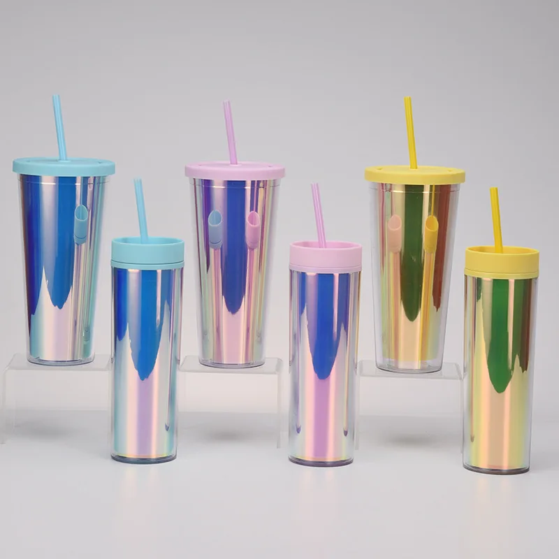 

custom water bottle laser iridescent coffee cup double walled 16oz 24oz acrylic skinny tumbler cups with lids and straws, Yellow, green, black, orange, pink