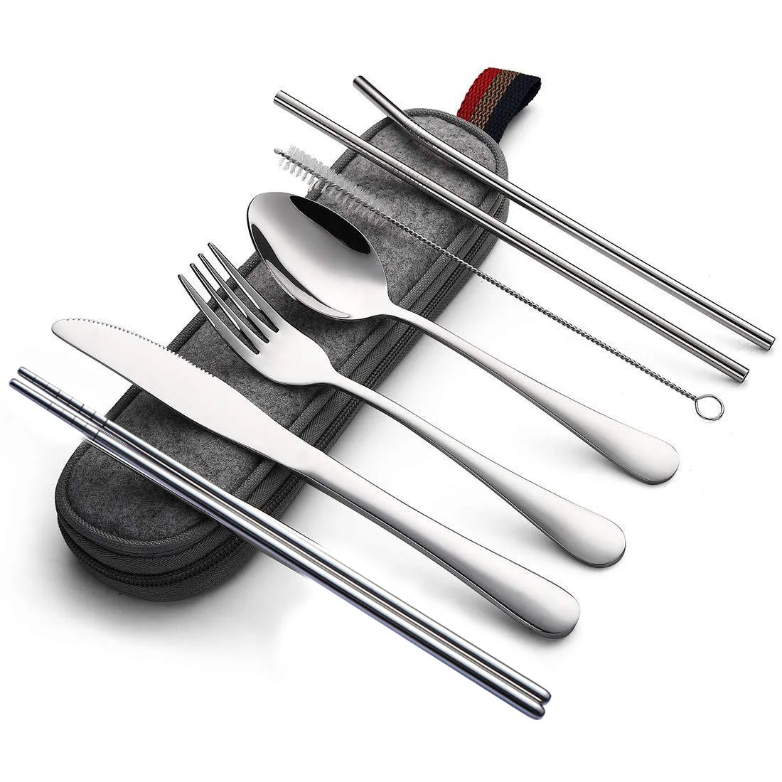 

Amazon titanium-plated stainless steel portable tableware304Stainless steel straw knife, fork and spoon chopsticks combination p