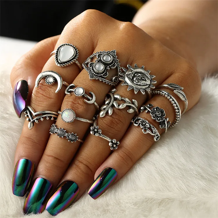 

European And American Vintage Jewelry Fashion Leaf Moon Flower Bohemian 14Piece Set Ring Set Female Rings, Picture shows
