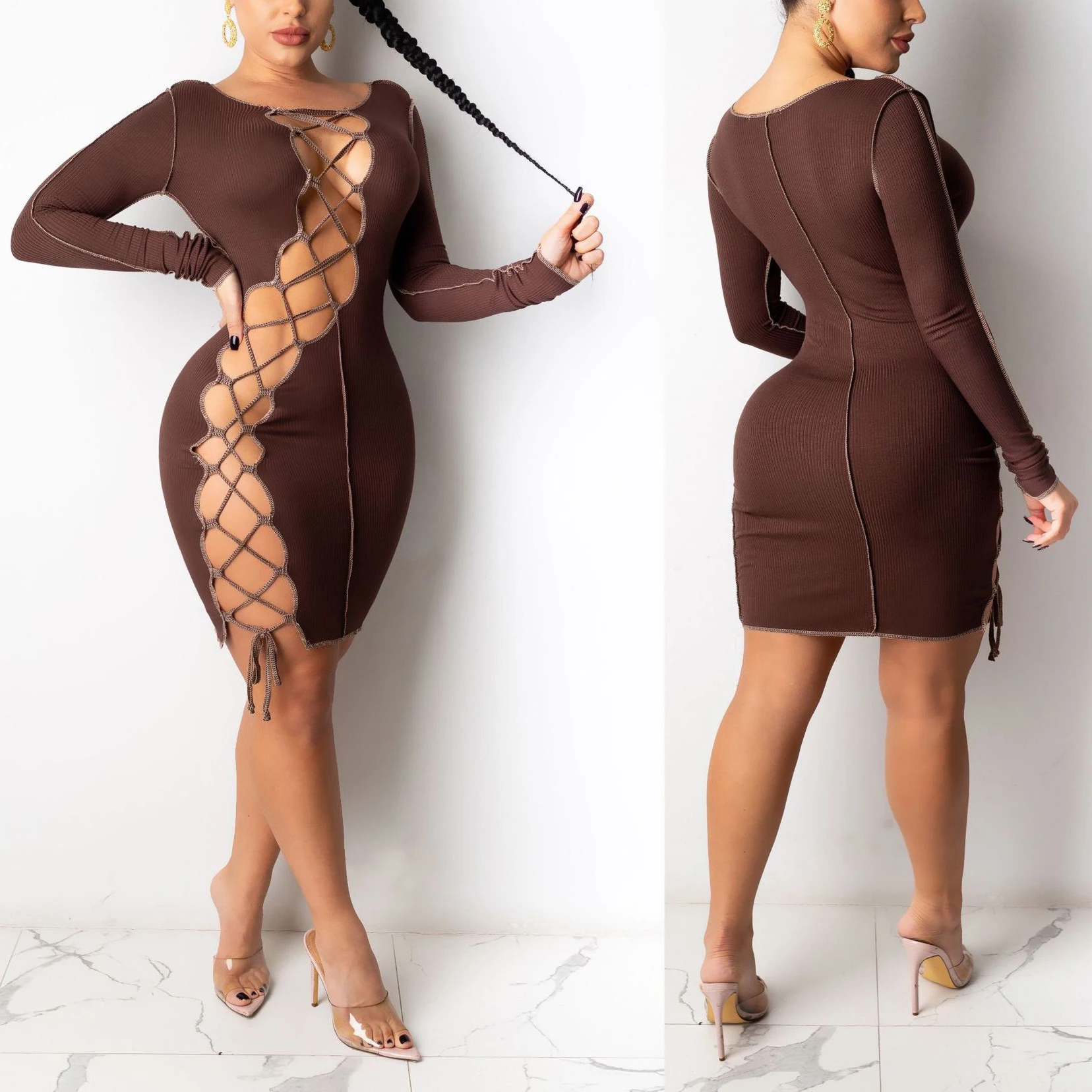 

FS1961D bandage dresses Hot sale Fashion long sleeve hollow out dress