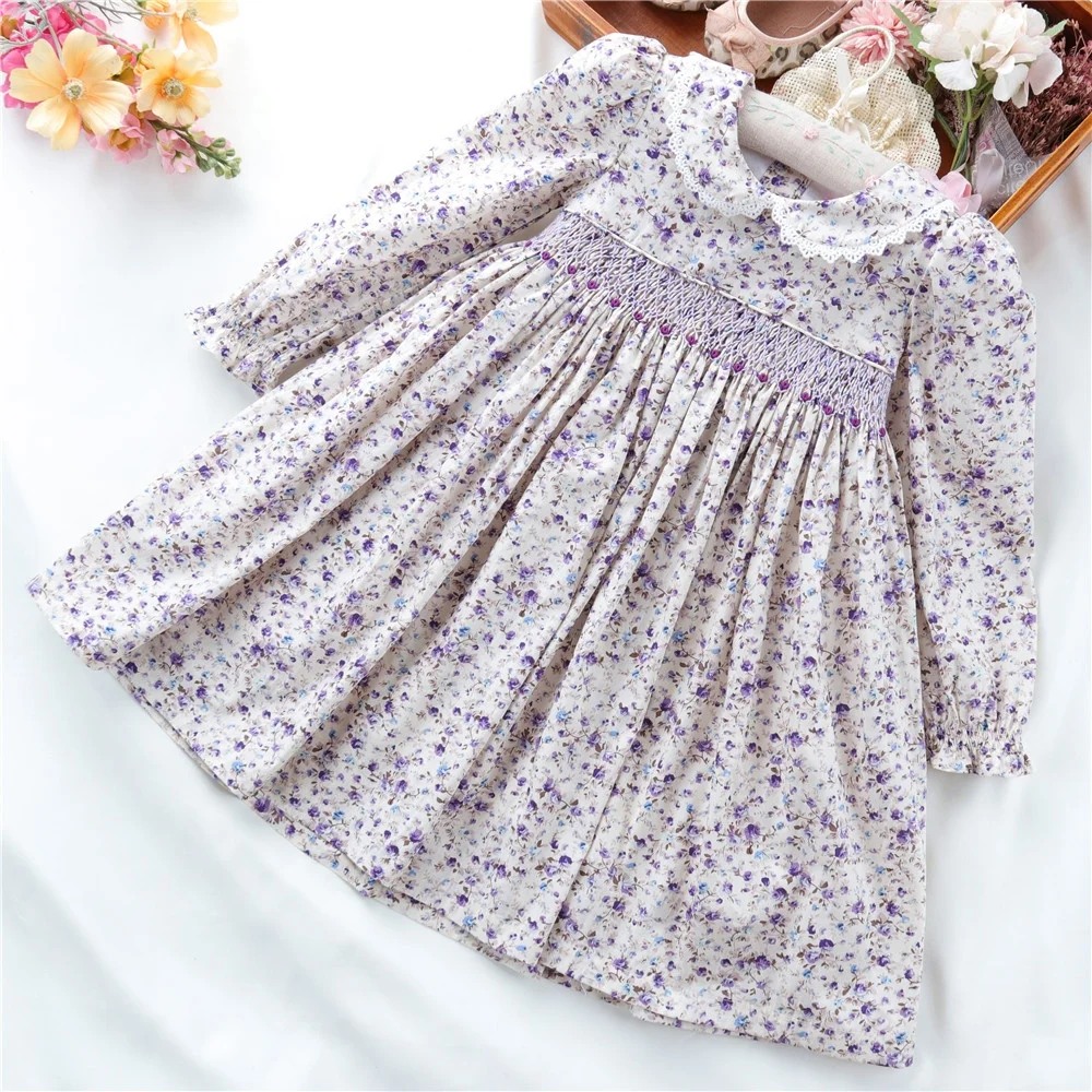 

winter wholesale children clothes flower smocked long sleeve little girls dresses for baby outfit party kids clothing B41570