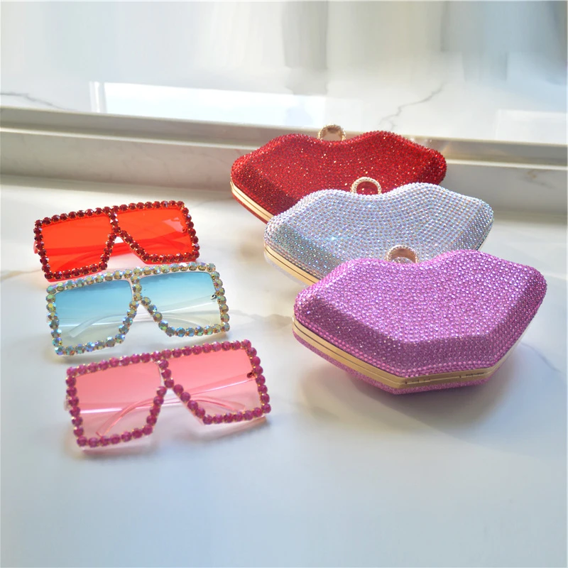 

Rhinestone lips women's clutch handbags rhinestone party dinner evening bag cross body matching bag and glasses set women, Colors