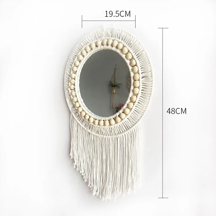 

50% OFF Unique Design Single Layer Wooden Beads Long Tassel Decorated Round Macrame Centerpiece Mirror, White