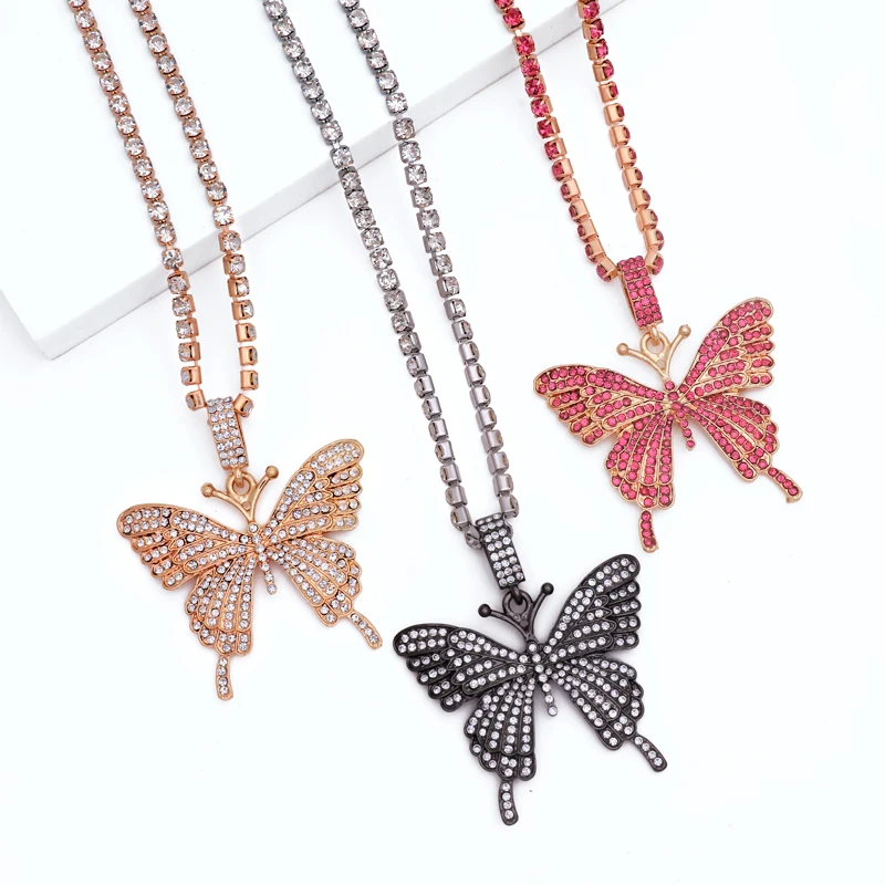 

Hesiod hip hop jewelry single layer ice out diamond butterfly charm necklace, As pic show