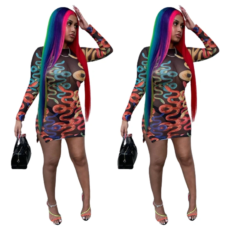 Good Quality Fashionable Print Long Sleeve Bodycon Women Clothing For Fall Woman Casual Dress