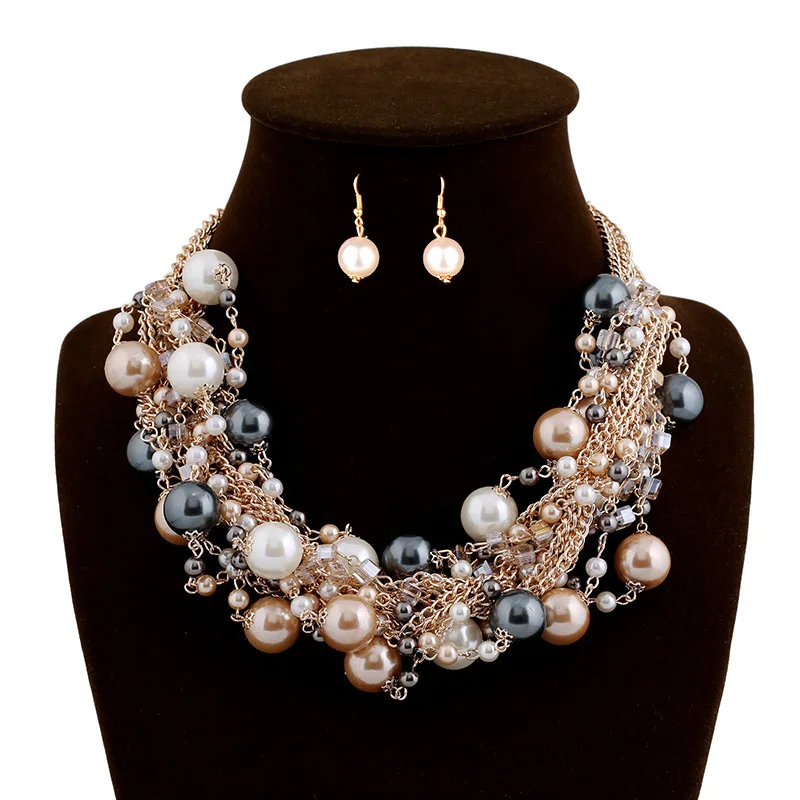 

fashion statement mixed size color necklace multi layers pearl lady choker necklace earrings jewelry set, Gold-plated
