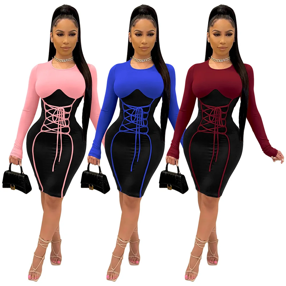 

Yingchchao 2022 Dropship Fashion Sexy Plus Size Printed Crew Neck Long Sleeve Dresses Bodycon Sexy Dress Women Clothing