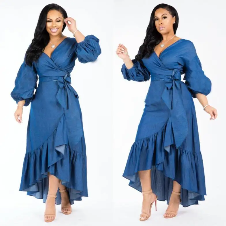 Elegant Style Women Ruffles Design Ladies Dress Women Long Denim Dress Lady Jean Dresses