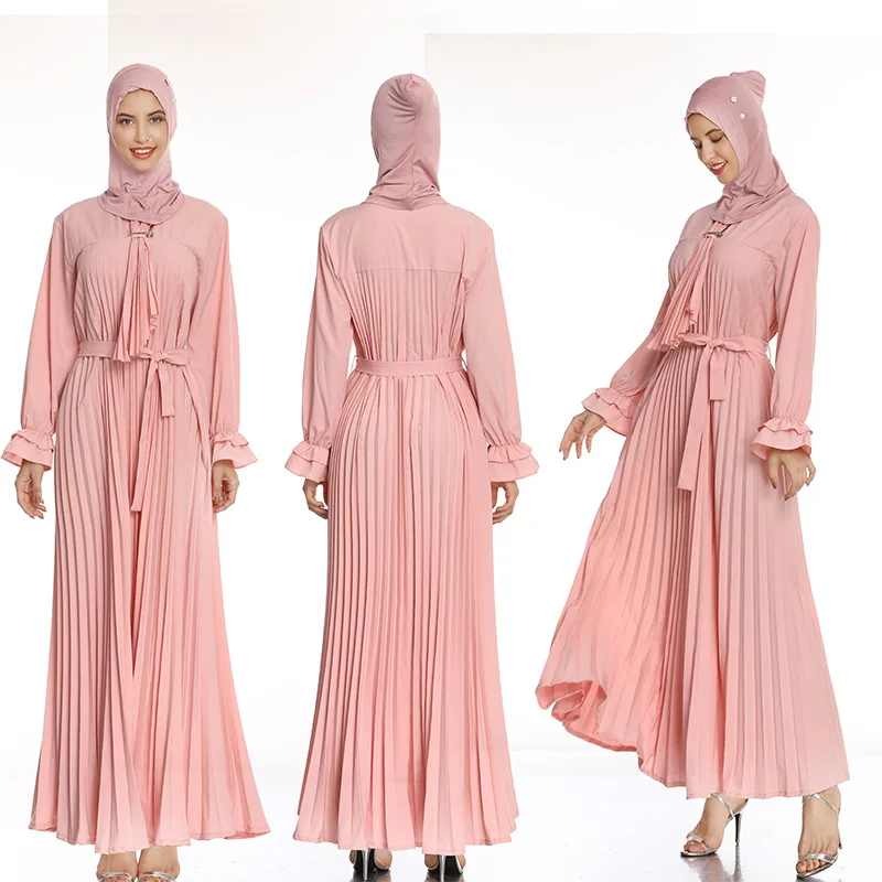 

2021 Arabic Long Maxi Pleated Muslim Dresses Abaya in Dubai Islamic Clothing Muslim Ruffle Fashion Dress For Women, Customized color