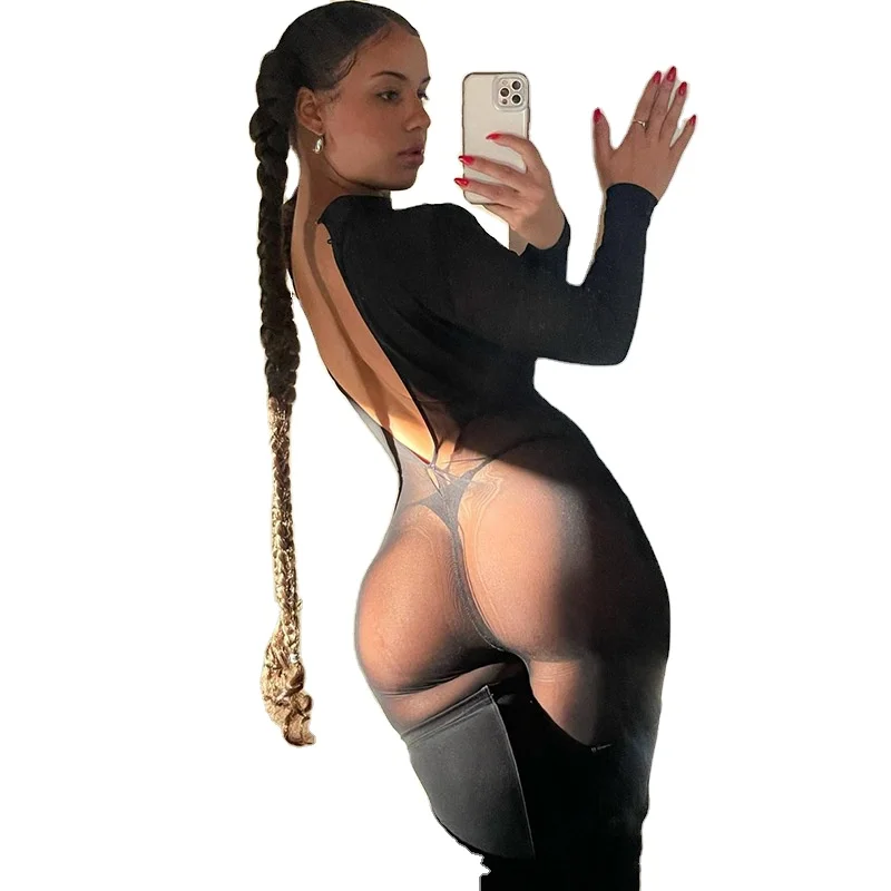 

Summer women's nightclub style sexy fashion mesh open back Jumpsuit solid high collar slim long sleeve Jumpsuitas women