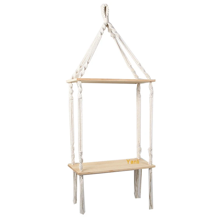 

2-tier macrame Hanging Shelf Macrame Floating Shelf Wall Mounted Shelf Perfect For Living Room Bedroom Kitchen Bathroom, White