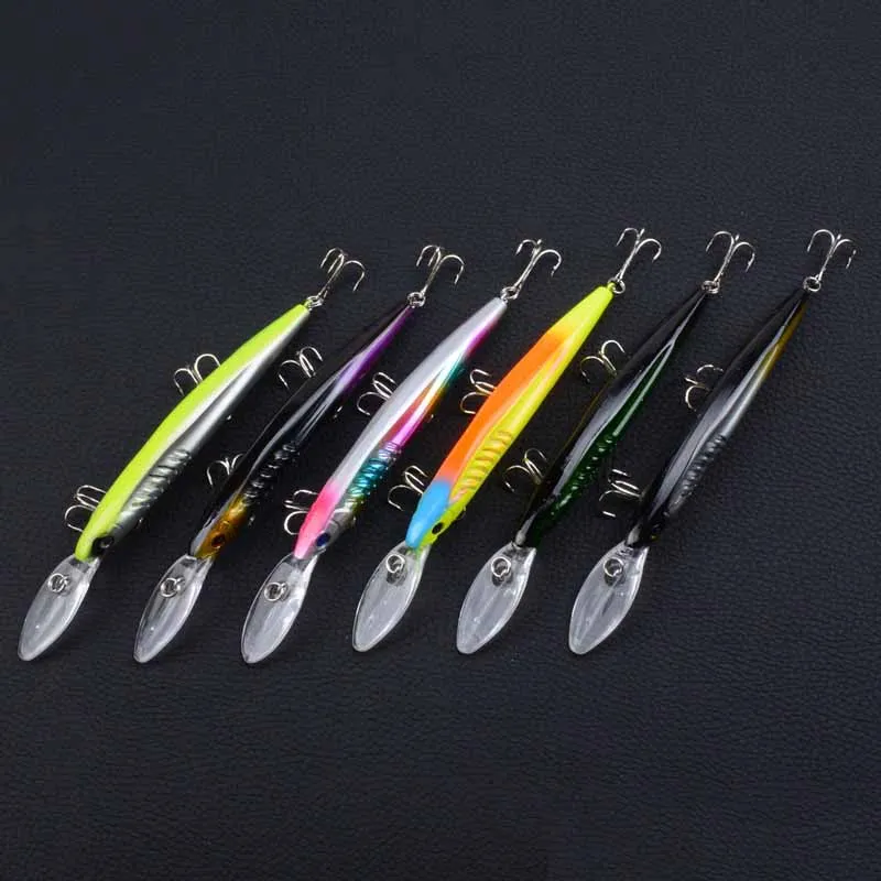 

Hard long shot  minnow lures big tongue wobbler 3D eyes vvid swim salt and fresh water bionic fishing baits, 6 colors