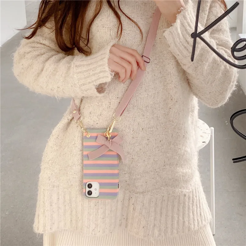 

Crossbody Necklace Chain Stripe Plush Case For iPhone 12 11 Pro XS MAX XR X 7 8 Plus SE 2020 Winter Warm Cover With Lanyard