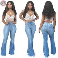 

9073015 queenmoen new design hot sale washed stripe long flared pants woman high waist jeans