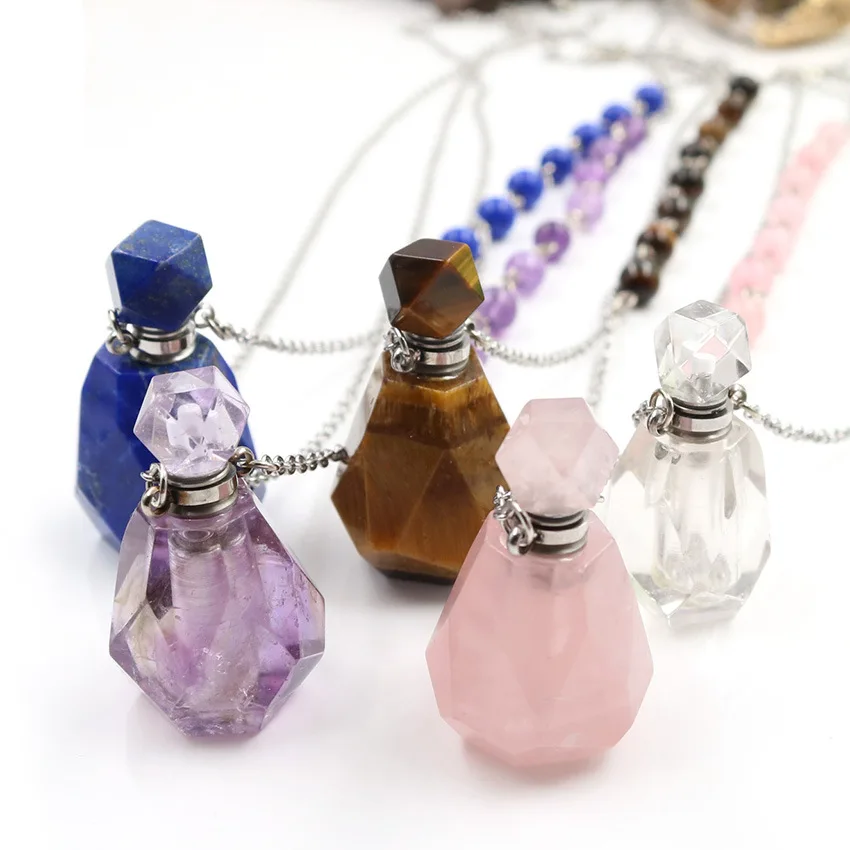 

Energinox Rose Quartz Amethyst Lapis Lazuli Tiger Eyes Gemstone Pendant Essential Oil Bottle Necklace