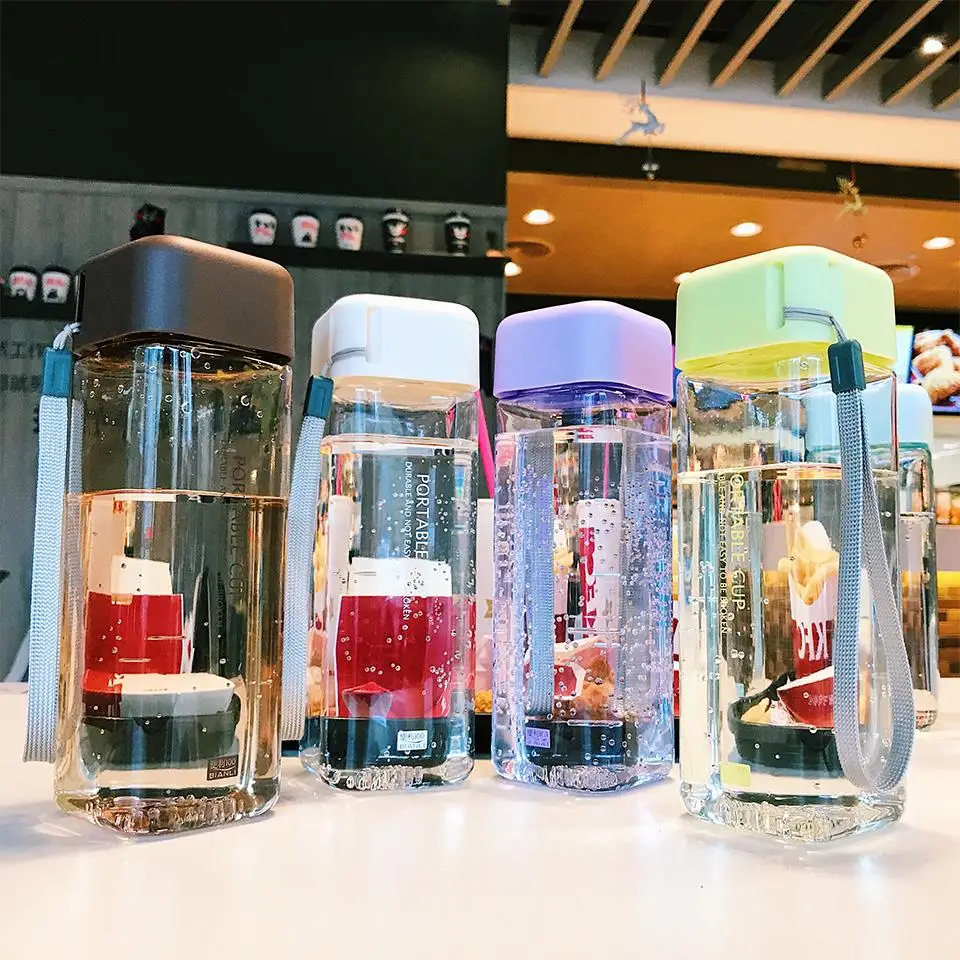 

Square Plastic Water Bottle Portable Transparent Bottle Fruit Juice Leak-proof Outdoor Sport Travel Camping Bottle School Cup