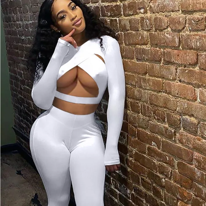 

Fall 2021 Women Clothes Sexy Cute Club Outfits Long Sleeve Hollow Out 2Pc Crop Top Sets Two Piece Pants Set Womens Tracksuits, White,pink,black,gray,khaki