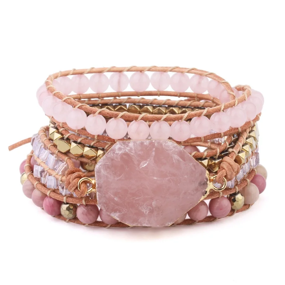 

High Quality Elegant Ladies Multi Layers Women Quartz Pink Crystal Quartz Natural Stone Beads Wrap Jewelry Bracelet