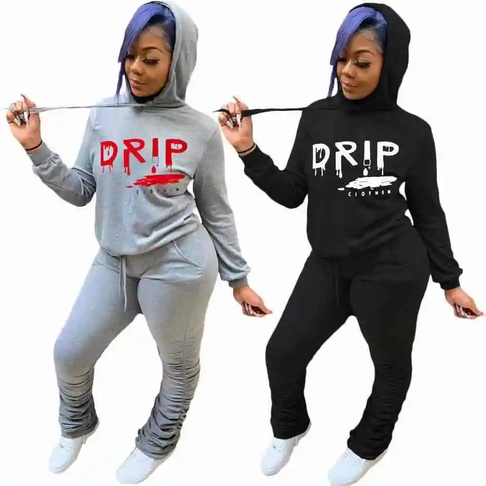 

2021 new arrivals fashion latter print drip hoodies with stacked pants two piece set women clothing casual wear, 1color as picture