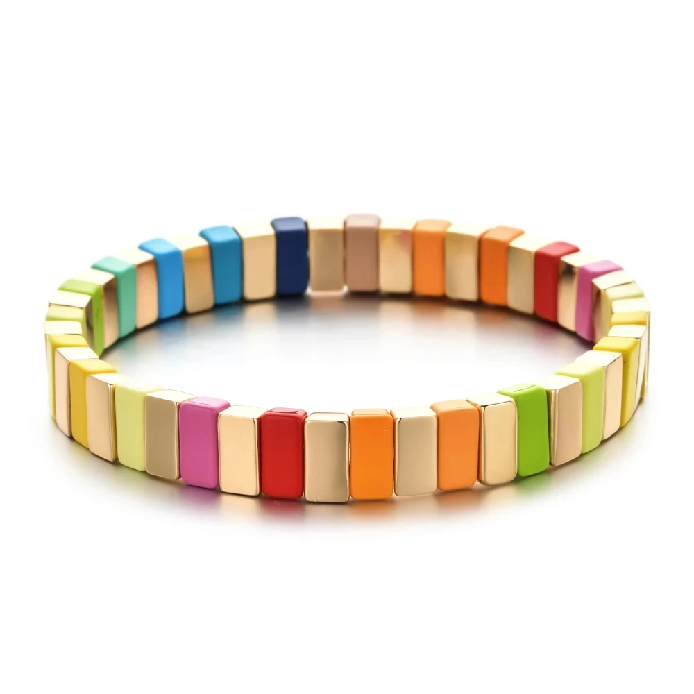 

2021New Bohemia New Colorful Rainbow Jewelry Bracelet Trendy Tile Stretch Enamel Bracelets for Women, Picture shows