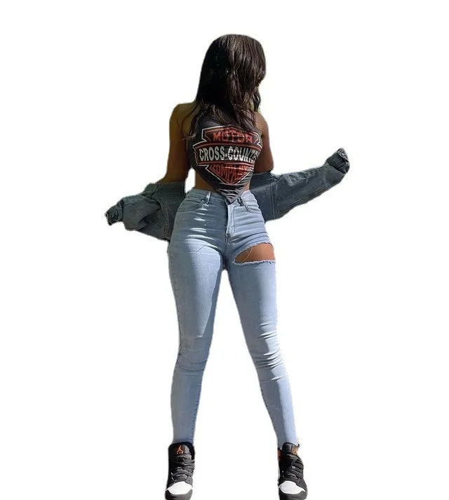 

Autumn Winter Plus Size Sexy Ripped Stretch Skinny Jeans Pants Casual Hollow Out High Quality Women's Trousers