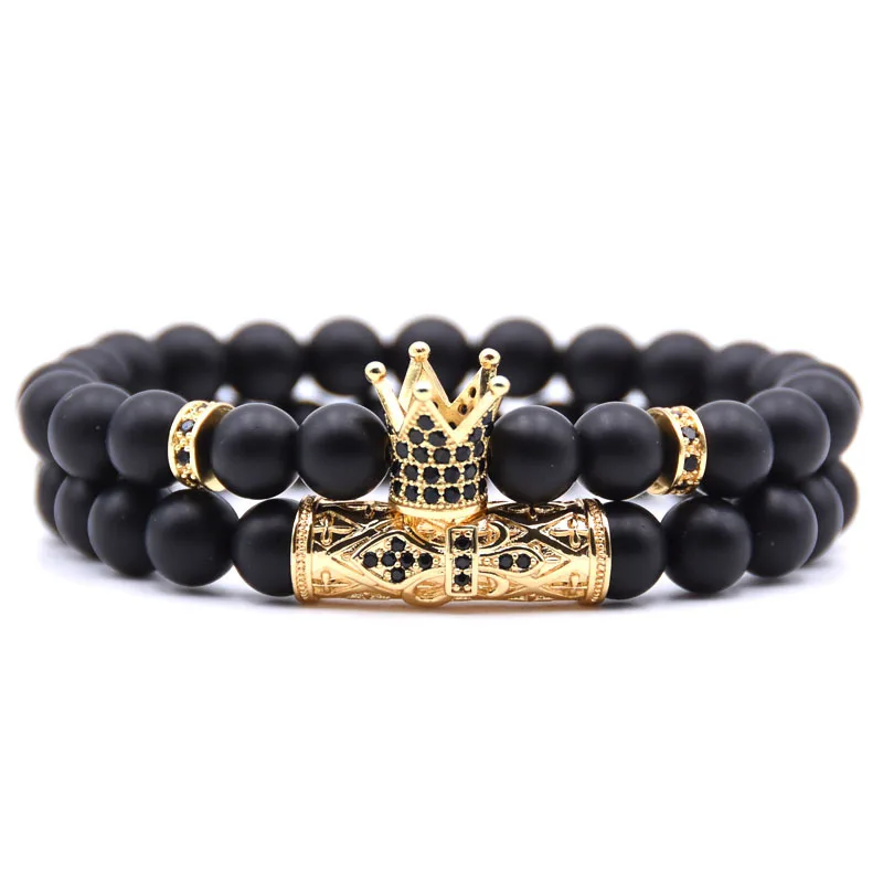

Amazon Wholesale 2Pcs/Set 8mm Natural Matte Black Onyx Stone Bead CZ Tube Charm Bracelet Cubic Zirconia Crown Bracelet Set, Style