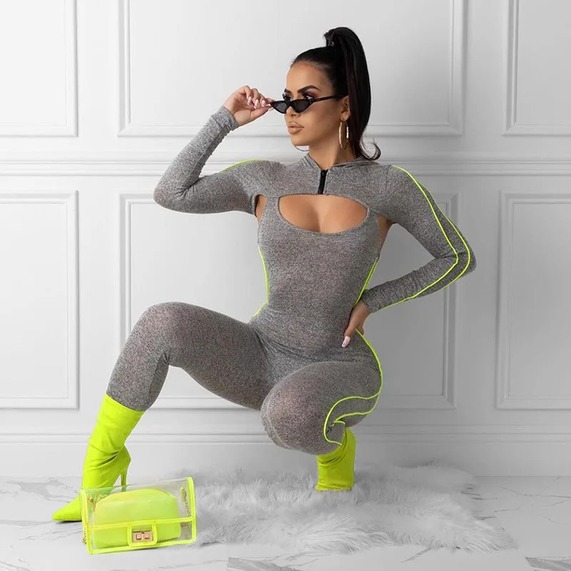 Zipped Long Sleeve Hooded One-Piece Bodycon Jumpsuit For Ladies