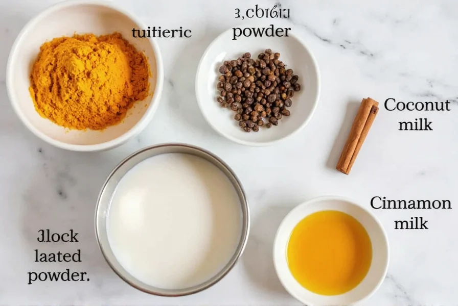 Golden milk recipe ingredients: turmeric powder, black pepper, coconut milk, cinnamon stick, and honey arranged on a kitchen counter