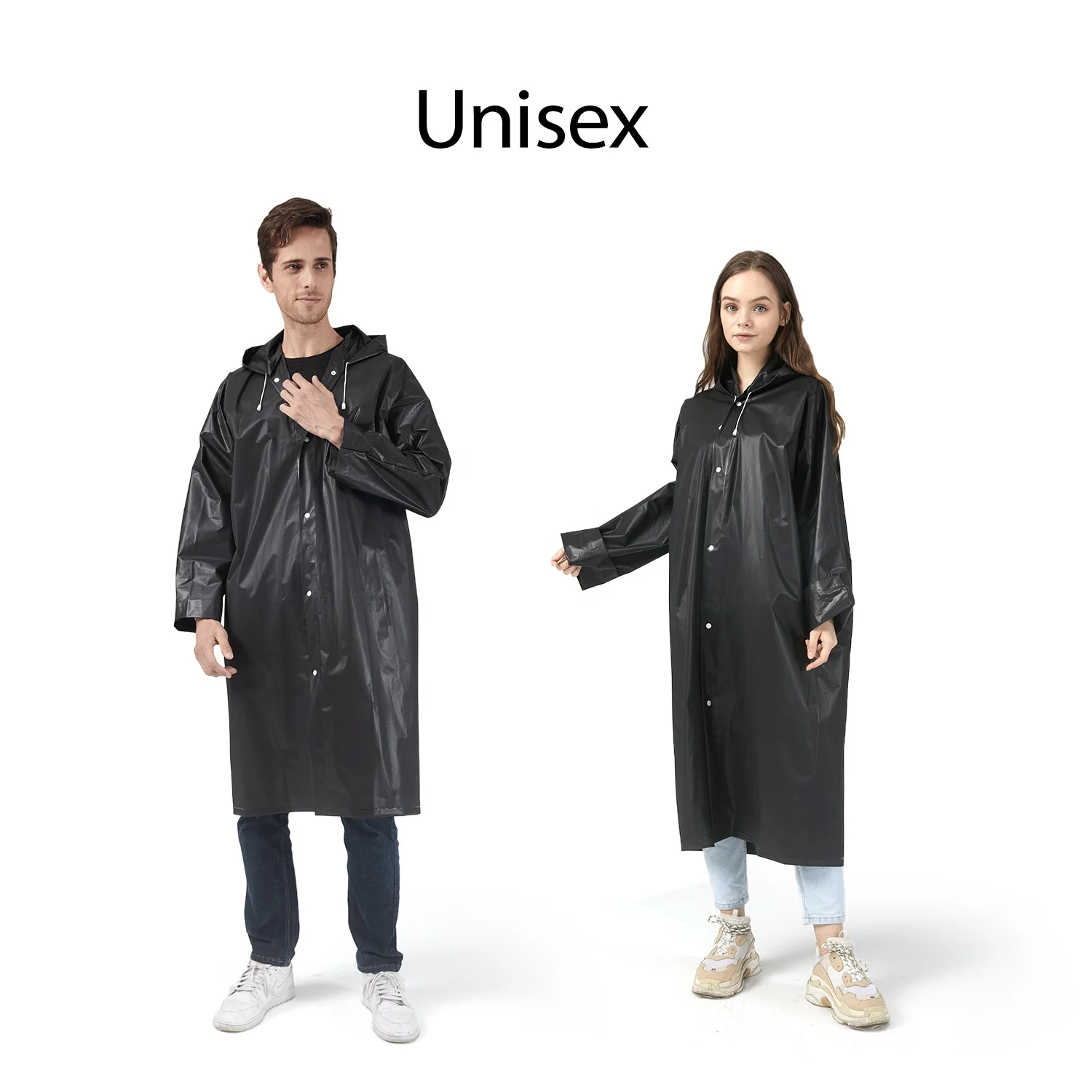 
2 pack black adult rain coat with compact drawstring bag EVA Rain Poncho for Women and Men, Reusable Raincoat 