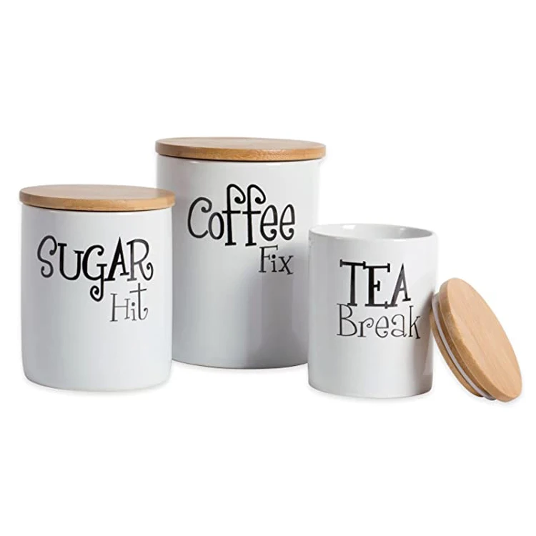 

white color coffee sugar canister with wooden lid set ceramic tea jar
