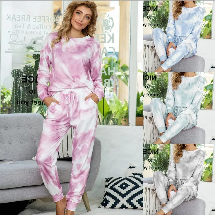 

Fashion Lounge Wear Two Piece Set Long Tie Dye Pajamas Women Sleepwear, Picture color