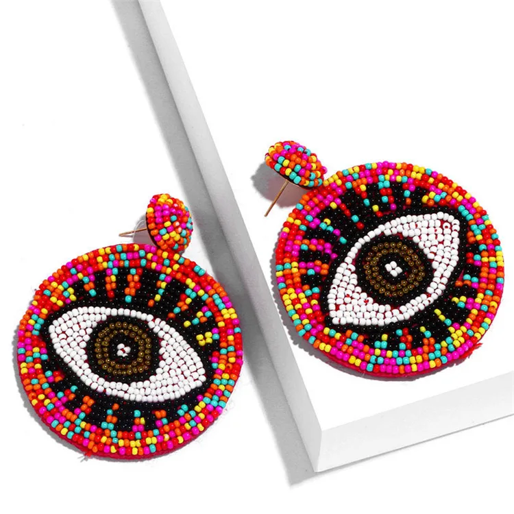 

2020 New Arrival Exaggeration Resin Beads Eye Dangle Earrings Vintage Gold Plated Resin Seed Beads Devil Eye Drop Earrings, As picture