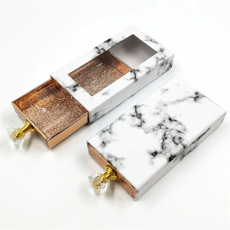 

white marble eyelash package box with handle rectangle pull out 3d mink eyelashes box with tray