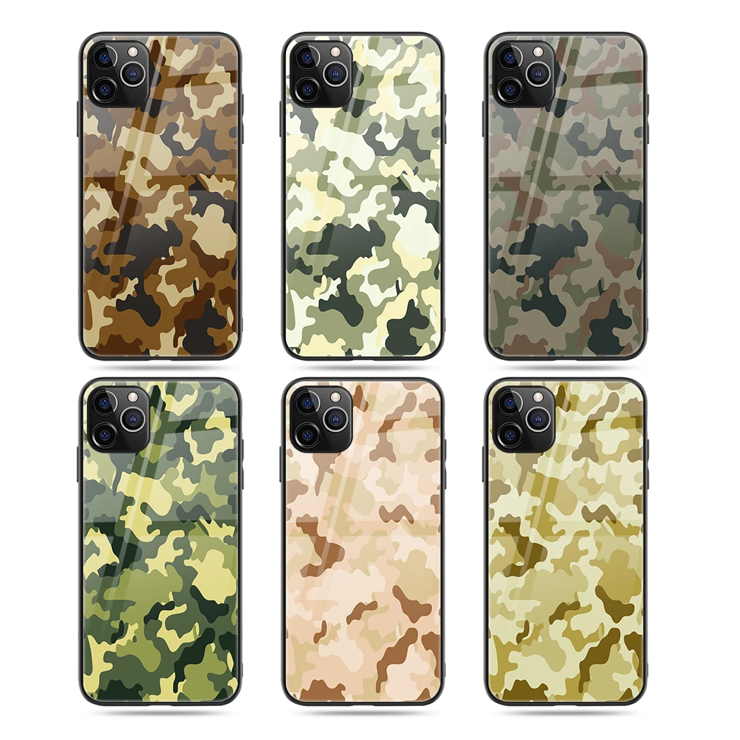 

Fashion Army Camouflage Print Glossy Glass Phone Case for iPhone 11 Pro XR XS MAX SE2020 Mobile Phone Bags & Case, Black