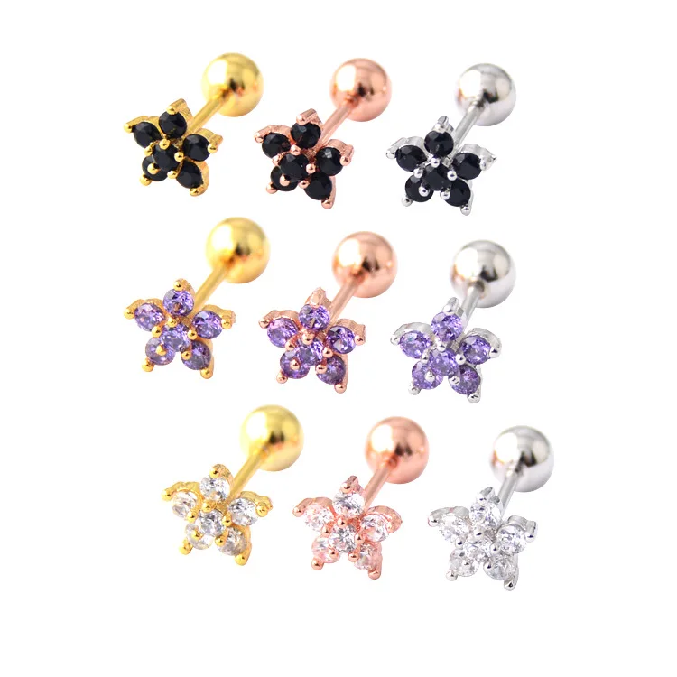 

New earring simple flower small zircon screw stud earring cute sweet personality ear bone nail girl ear jewelry, Photo